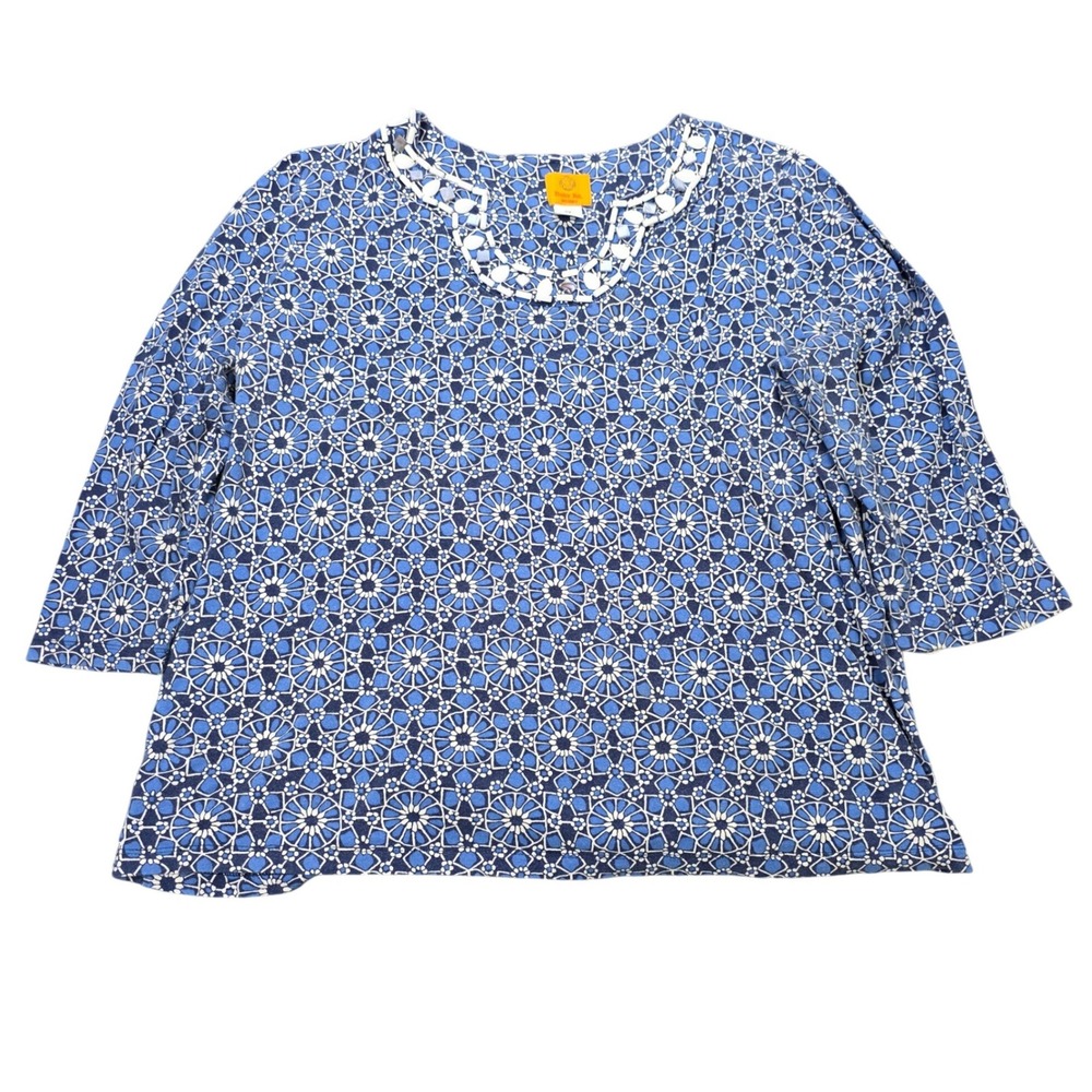 Ruby Rd 3/4 Sleeve Top Women's Size 2X Blue White Geometric Tile Print Beaded‎
